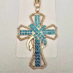 Teal Rhinestones Cross Keychain Bag Charm NIP Gold Tone handbag key ring